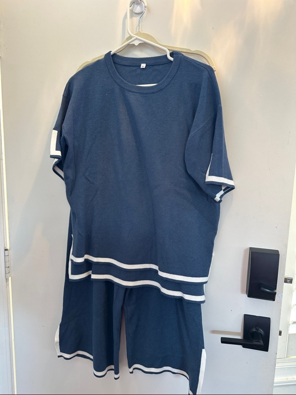 Navy Two-Piece Knit Top and Pants Set with White Trim